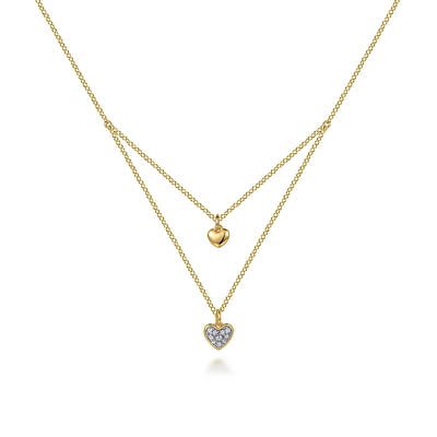 14K Yellow Gold Diamond Double Heart Pendant Necklace