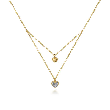 14K Yellow Gold Diamond Double Heart Pendant Necklace
