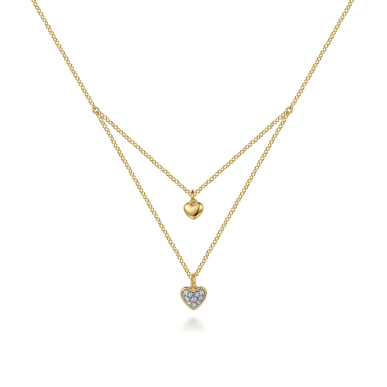 14K Yellow Gold Diamond Double Heart Pendant Necklace - 0.06 ct - Shot 1