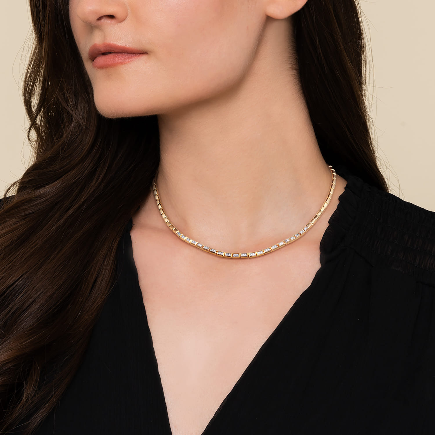 14K Yellow Gold Diamond Elongated Flat Top Pyramid Tennis Necklace