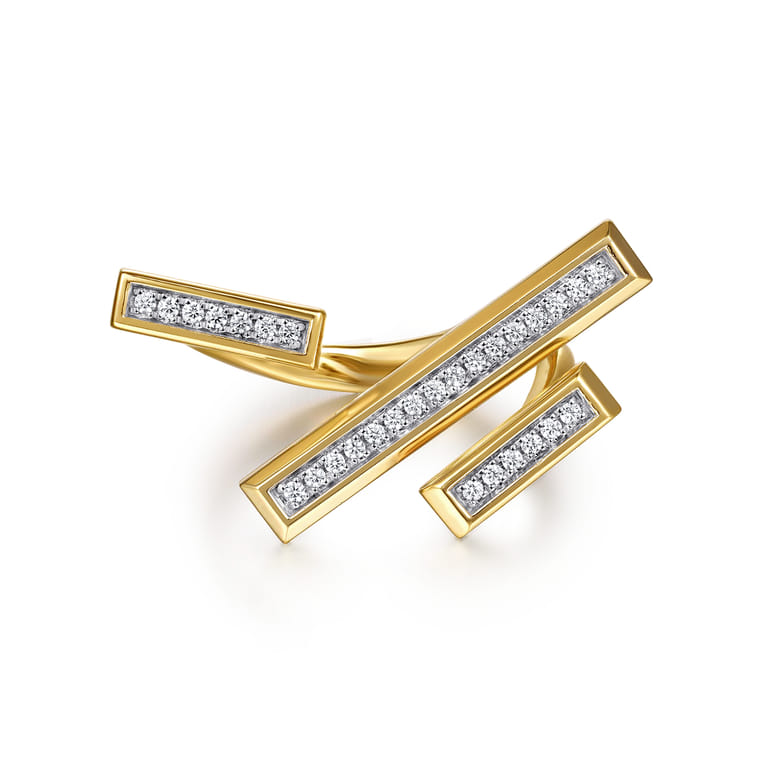 14K Yellow Gold Diamond Elongated Pyramid Bypass Ring - 0.17 ct - Shot 1