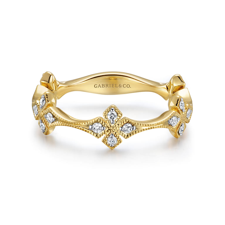 14K Yellow Gold Diamond Floral Station Stackable Ring - 0.16 ct - Shot 1