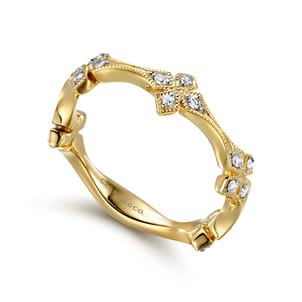 14K Yellow Gold Diamond Floral Station Stackable Ring