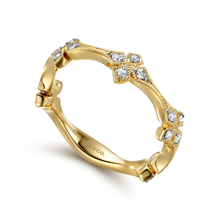 14K Yellow Gold Diamond Floral Station Stackable Ring - 0.16 ct - Shot 3