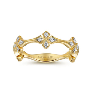 14K Yellow Gold Diamond Floral Station Stackable Ring