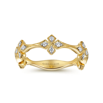 14K Yellow Gold Diamond Floral Station Stackable Ring