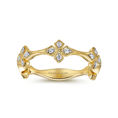 14K Yellow Gold Diamond Floral Station Stackable Ring - 0.16 ct - Shot 4