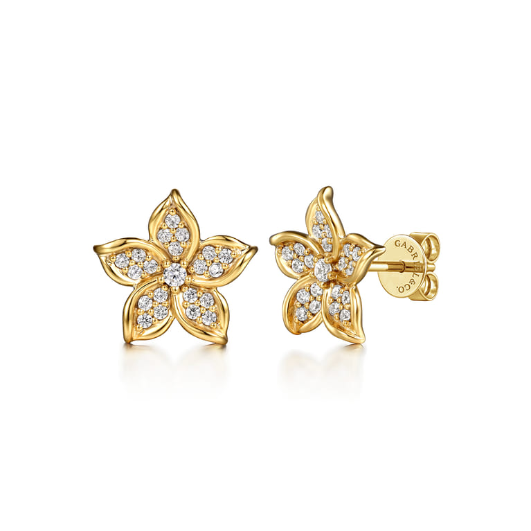 14K Yellow Gold Diamond Floral Stud Earrings - 0.3 ct - Shot 1