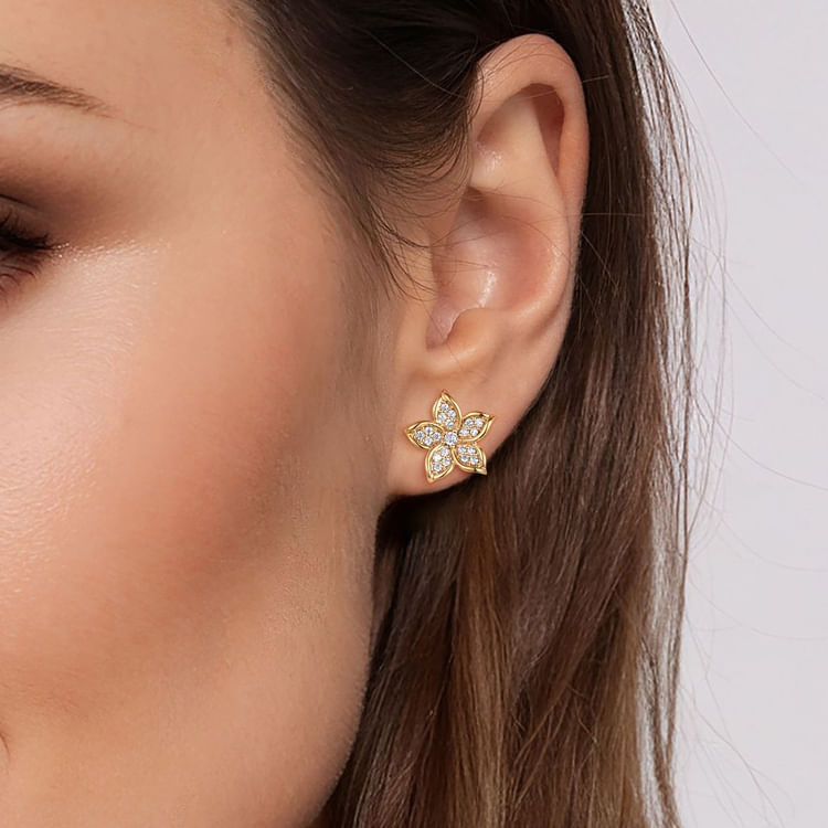 14K Yellow Gold Diamond Floral Stud Earrings