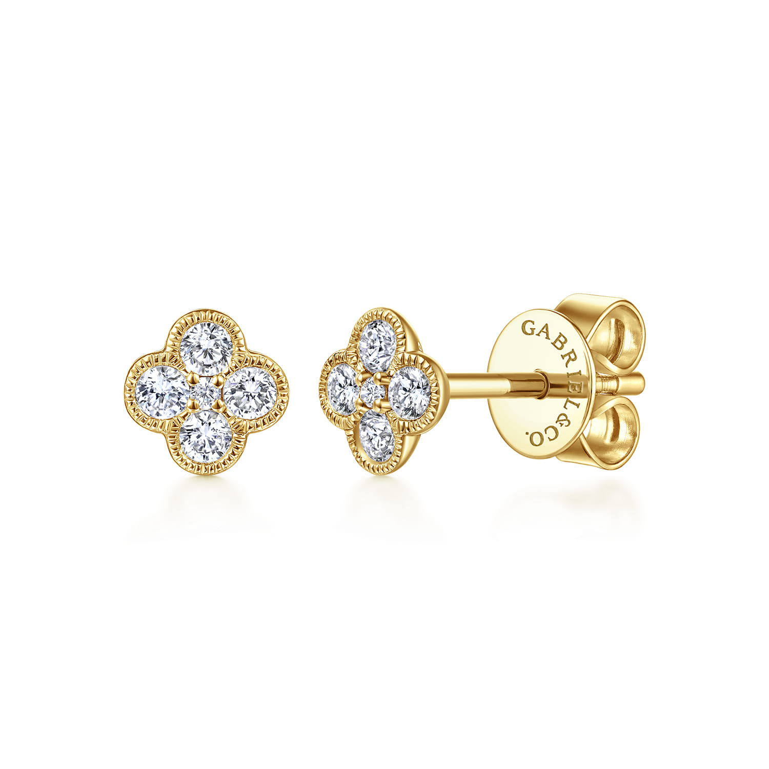 14K Yellow Gold Diamond Flower Clover Earrings - 0.25 ct - Shot 1