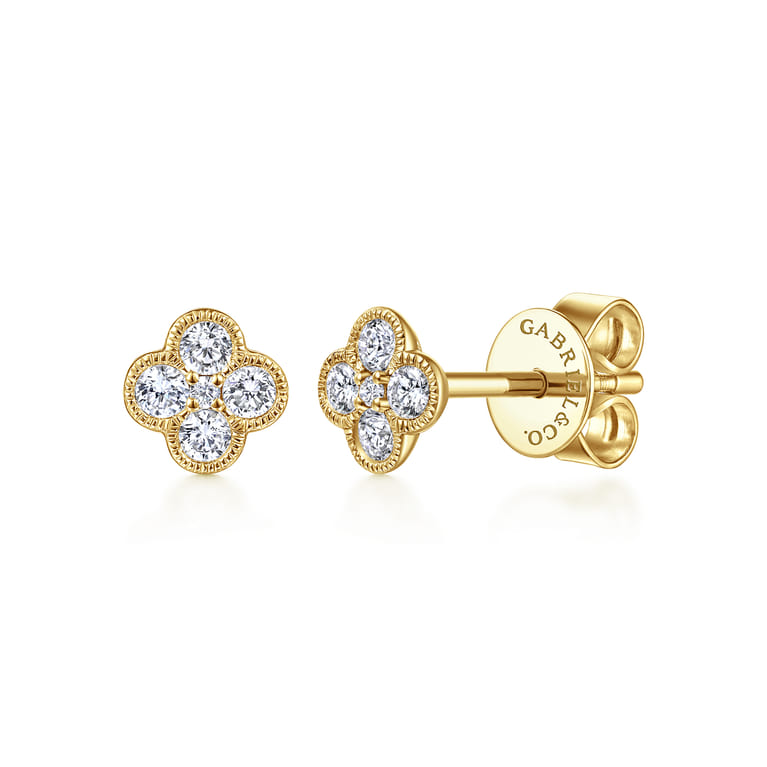 14K Yellow Gold Diamond Flower Clover Earrings - 0.25 ct - Shot 1