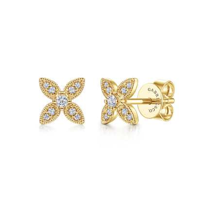 14K Yellow Gold Diamond Flower Stud Earrings
