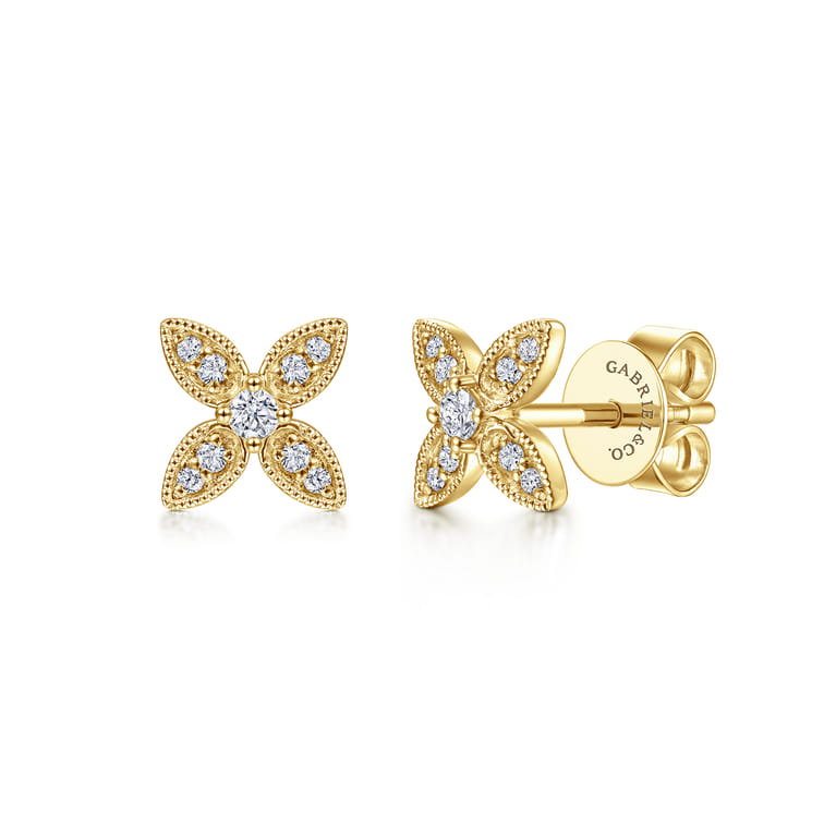 14K Yellow Gold Diamond Flower Stud Earrings - 0.12 ct - Shot 1