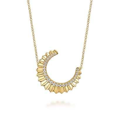 14K Yellow Gold Diamond Half Moon Diamond Cut Pendant Necklace