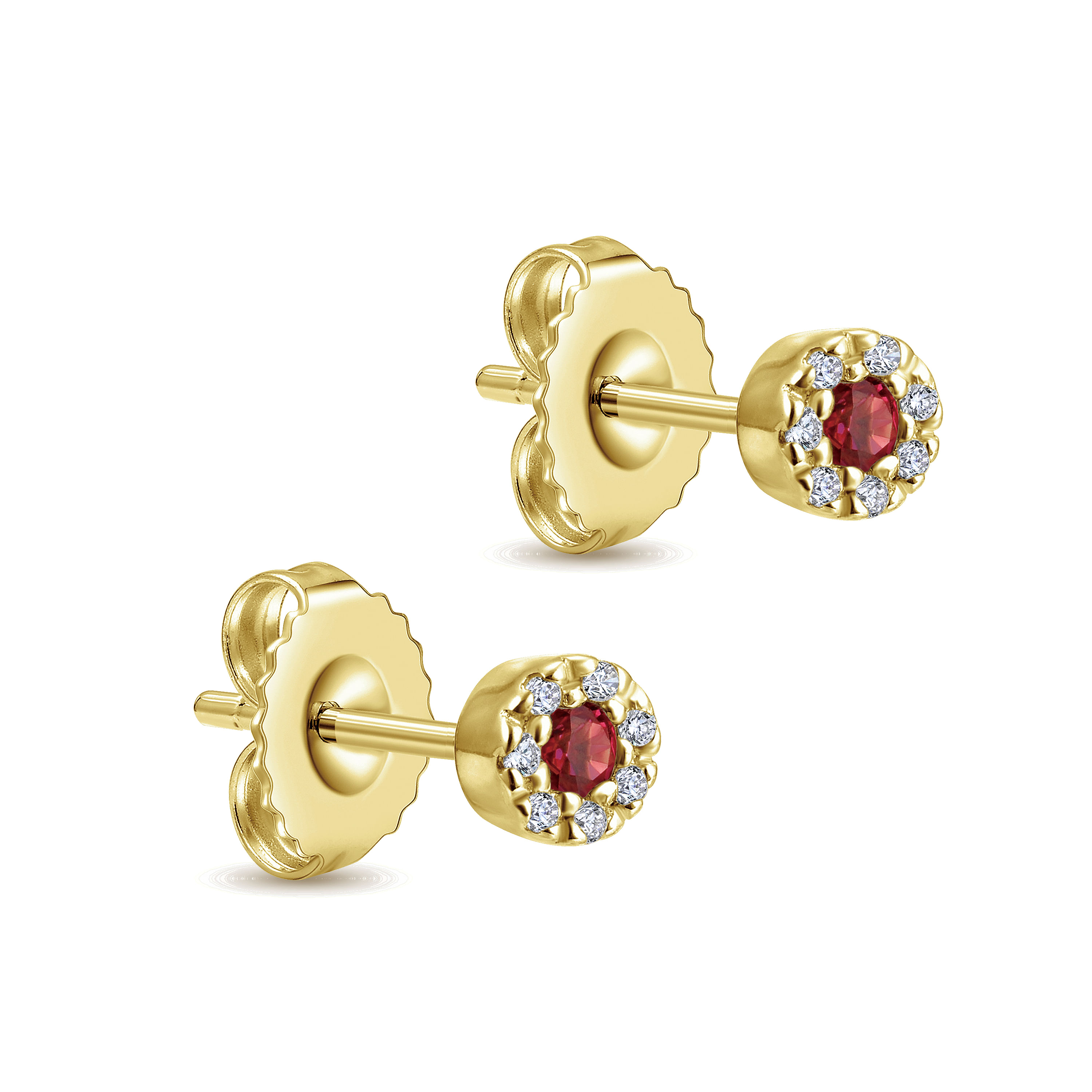 14K Yellow Gold Diamond Halo Ruby Stud Earrings - 0.05 ct - Shot 2