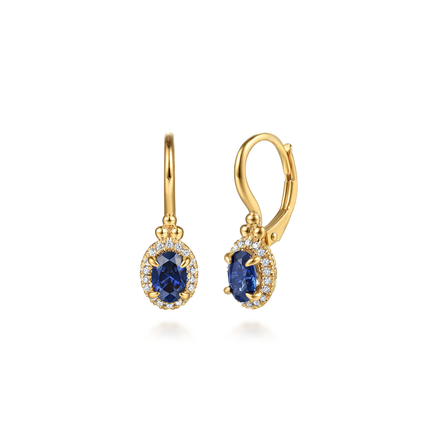 14K Yellow Gold Diamond Halo and Oval Blue Sapphire Leverback Earrings