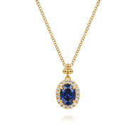 14K Yellow Gold Diamond Halo and Oval Blue Sapphire Pendant Necklace