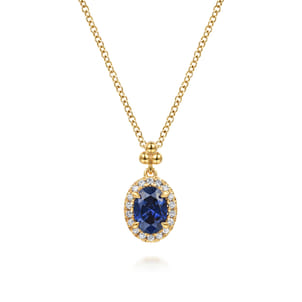 14K Yellow Gold Diamond Halo and Oval Blue Sapphire Pendant Necklace
