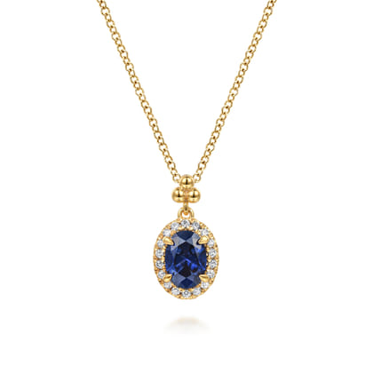 14K Yellow Gold Diamond Halo and Oval Blue Sapphire Pendant Necklace