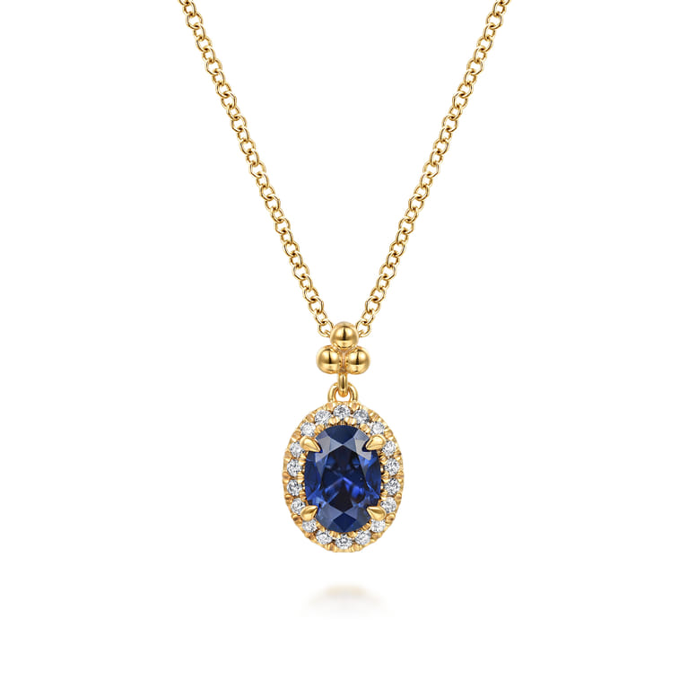 14K Yellow Gold Diamond Halo and Oval Blue Sapphire Pendant Necklace - 0.1 ct - Shot 1