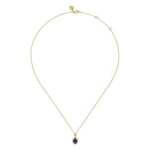 14K Yellow Gold Diamond Halo and Oval Blue Sapphire Pendant Necklace