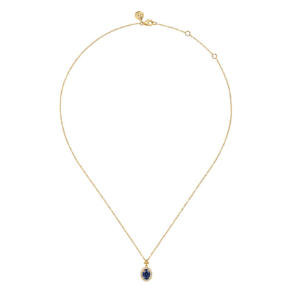 14K Yellow Gold Diamond Halo and Oval Blue Sapphire Pendant Necklace