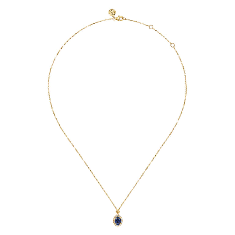 14K Yellow Gold Diamond Halo and Oval Blue Sapphire Pendant Necklace - 0.1 ct - Shot 2