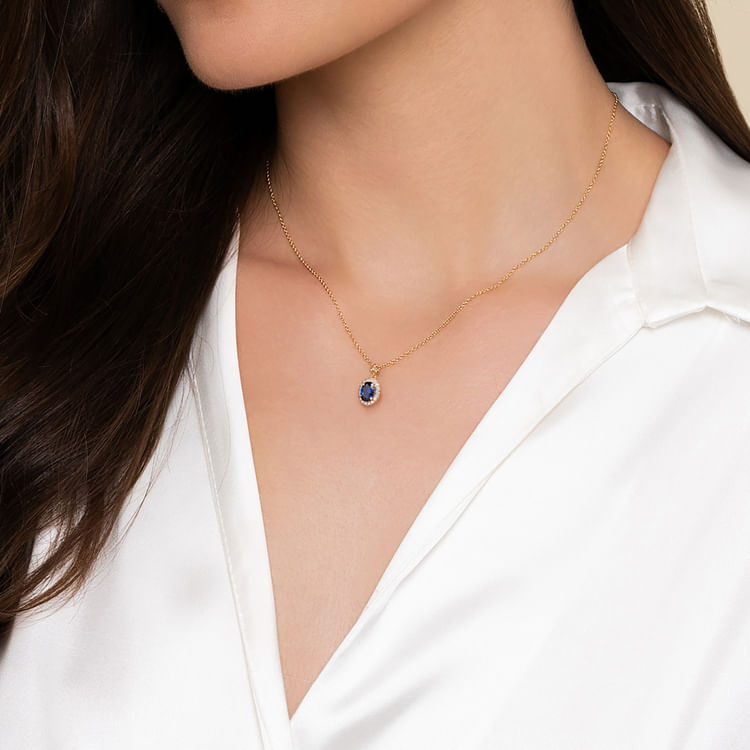 14K Yellow Gold Diamond Halo and Oval Blue Sapphire Pendant Necklace