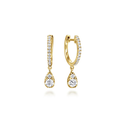 14K Yellow Gold Diamond Huggie Drop Earrings