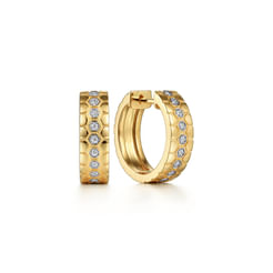 14K Yellow Gold Diamond Huggies With Hexagon Pattern