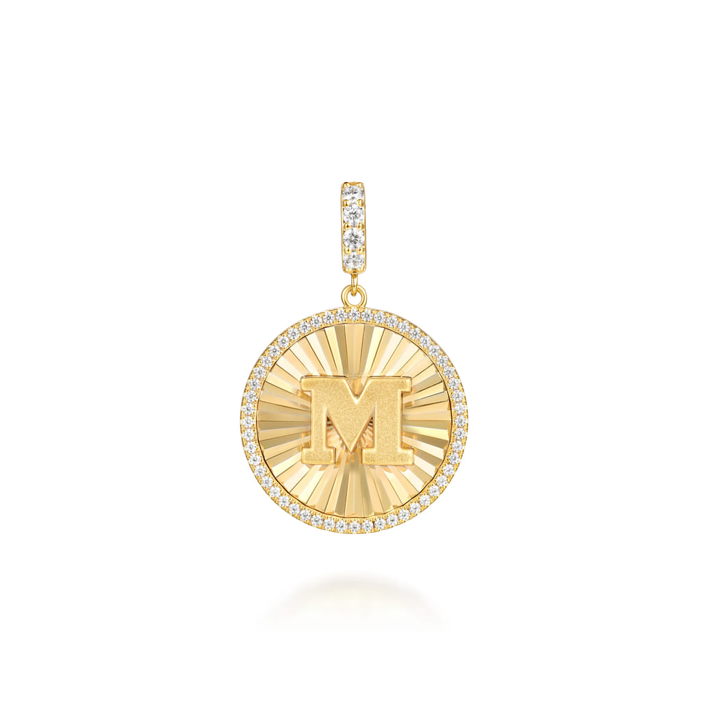 14K Yellow Gold Diamond Initial M Medallion Pendant With