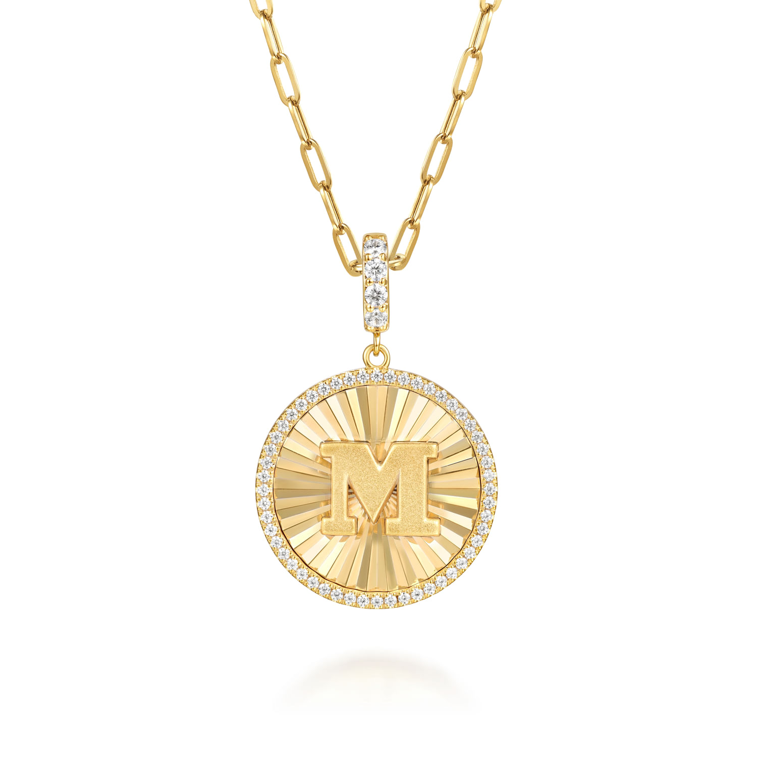 14K Yellow Gold Diamond Initial M Medallion Pendant With Detachable Bail