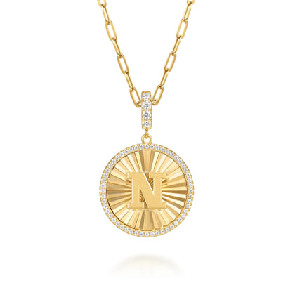 14K Yellow Gold Diamond Initial N Medallion Pendant With Detachable Bail