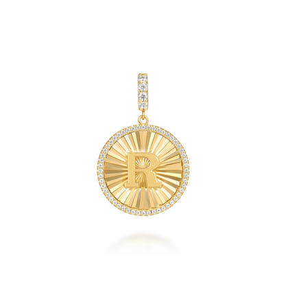 14K Yellow Gold Diamond Initial R Medallion Pendant With Detachable Bail