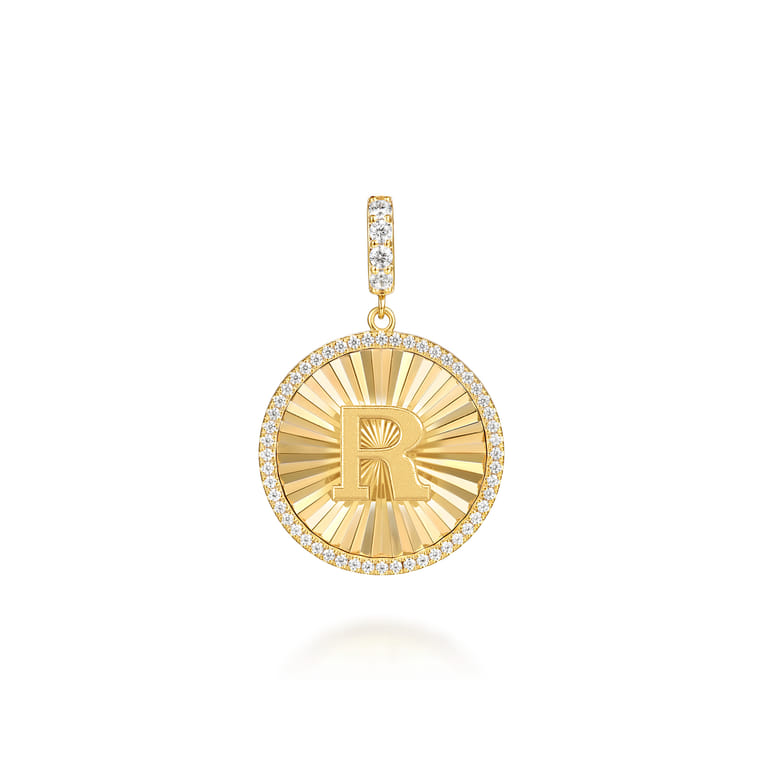 14K Yellow Gold Diamond Initial R Medallion Pendant With Detachable Bail - 0.65 ct - Shot 1