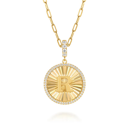 14K Yellow Gold Diamond Initial R Medallion Pendant With Detachable Bail