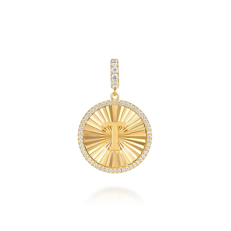 14K Yellow Gold Diamond Initial T Medallion Pendant With Detachable Bail - 0.65 ct - Shot 1