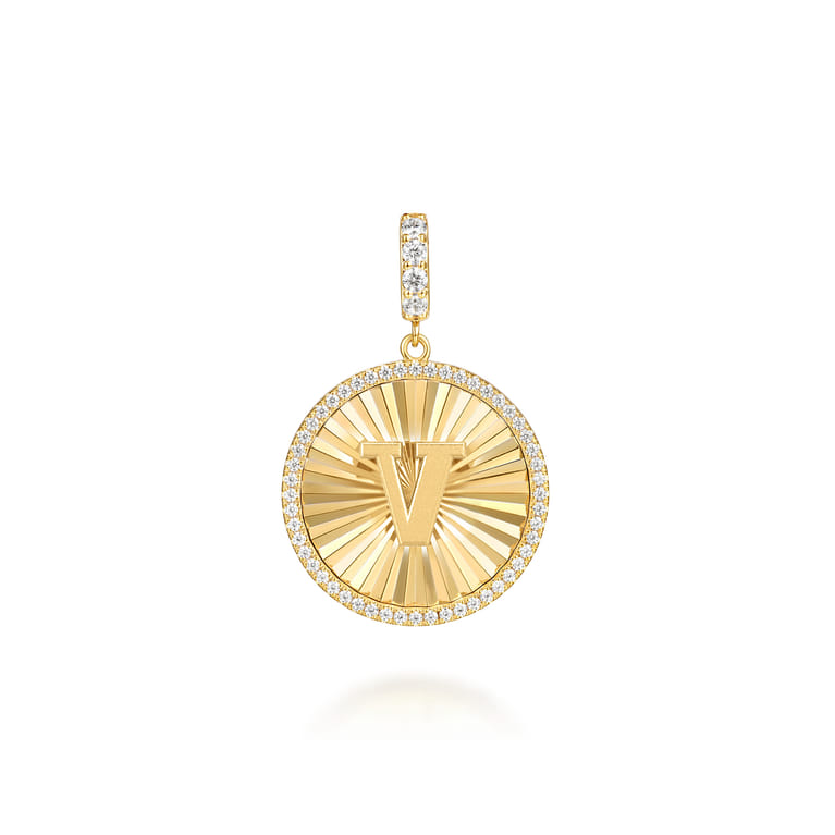 14K Yellow Gold Diamond Initial V Medallion Pendant With Detachable Bail - 0.65 ct - Shot 1
