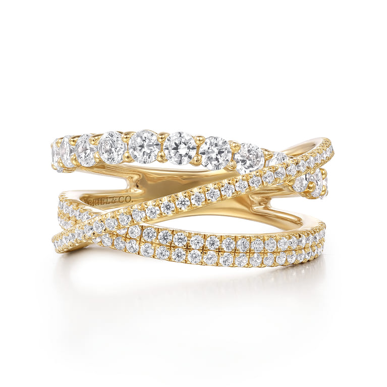 14K Yellow Gold Diamond Layered Criss Cross Ring - 1.2 ct - Shot 1