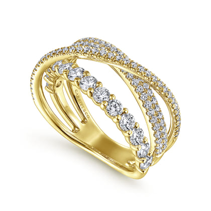 14K Yellow Gold Diamond Layered Criss Cross Ring
