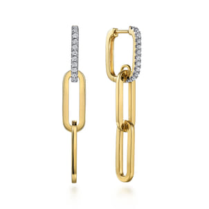 14K Yellow Gold Diamond Link Hollow Chain Drop Earrings