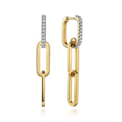 14K Yellow Gold Diamond Link Hollow Chain Drop Earrings