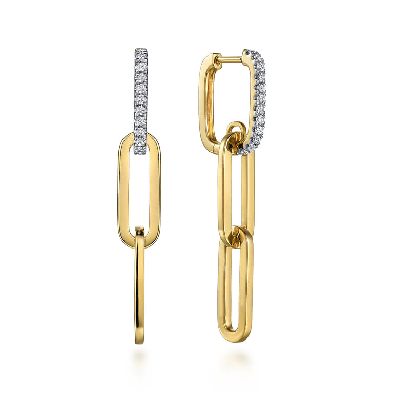 14K Yellow Gold Diamond Link Hollow Chain Drop Earrings - 0.3 ct - Shot 1