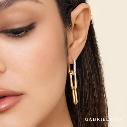 14K Yellow Gold Diamond Link Hollow Chain Drop Earrings