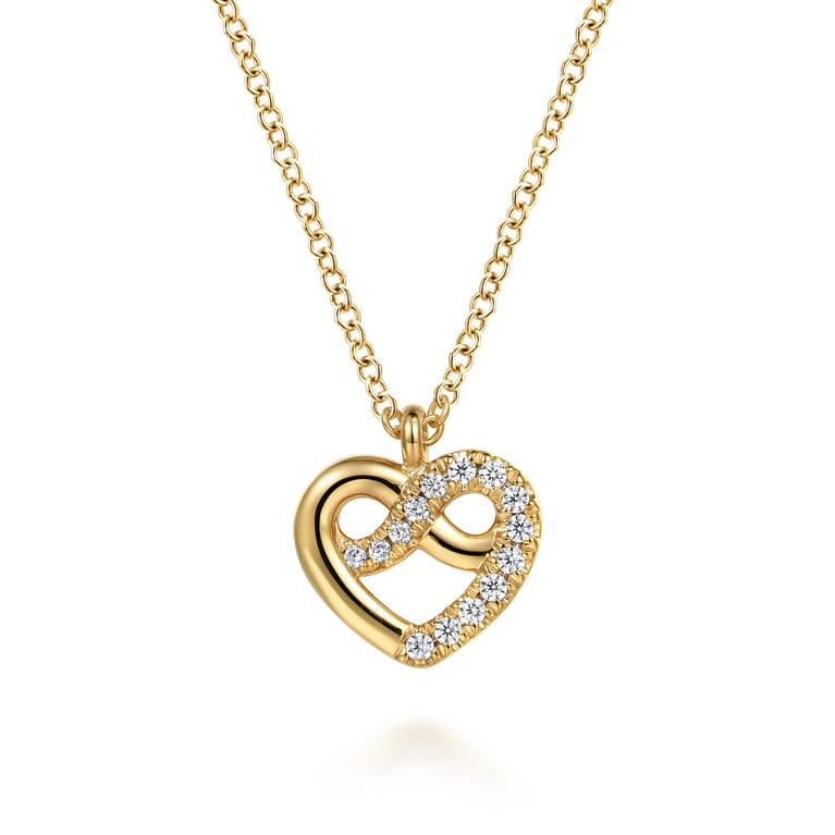 14K Yellow Gold Diamond Love Knot Heart Pendant Necklace - 0.1 ct - Shot 1