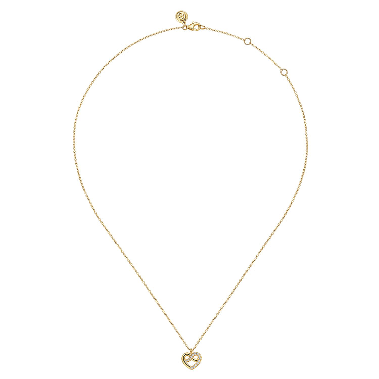 14K Yellow Gold Diamond Love Knot Heart Pendant Necklace