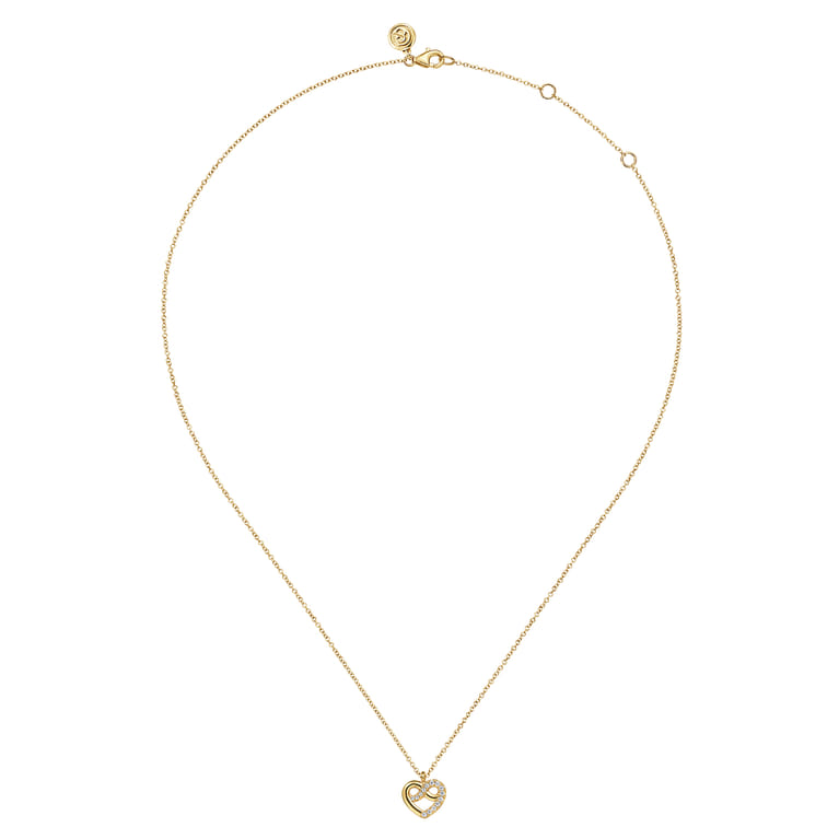 14K Yellow Gold Diamond Love Knot Heart Pendant Necklace - 0.1 ct - Shot 2