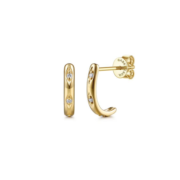 14K Yellow Gold Diamond Marquise J Hoop Earrings - 0.04 ct - Shot 1