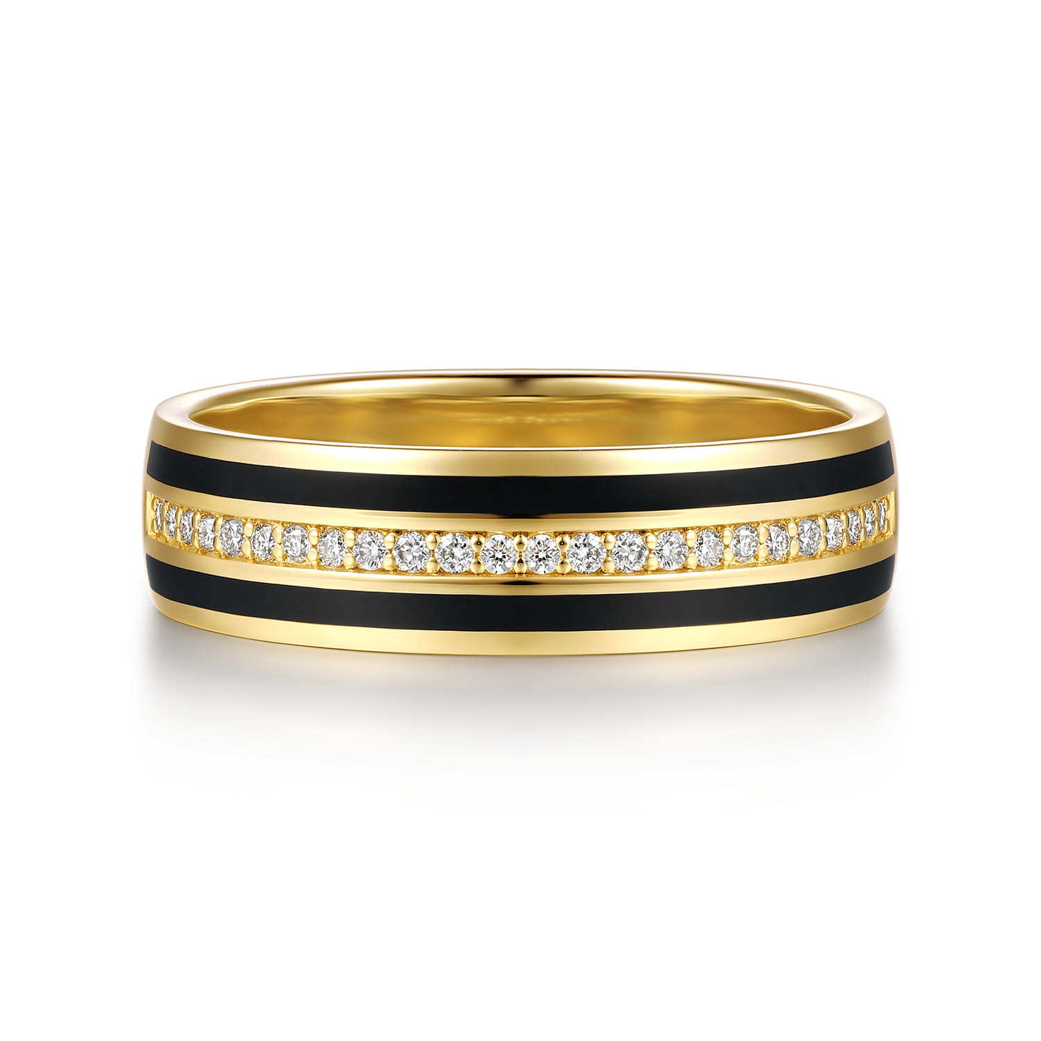 14K Yellow Gold Diamond Men's Ring in High Polish Finish With Black Enamel - 0.14 ct - Shot 1