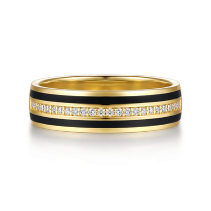 14K Yellow Gold Diamond Men's Ring in High Polish Finish With Black Enamel